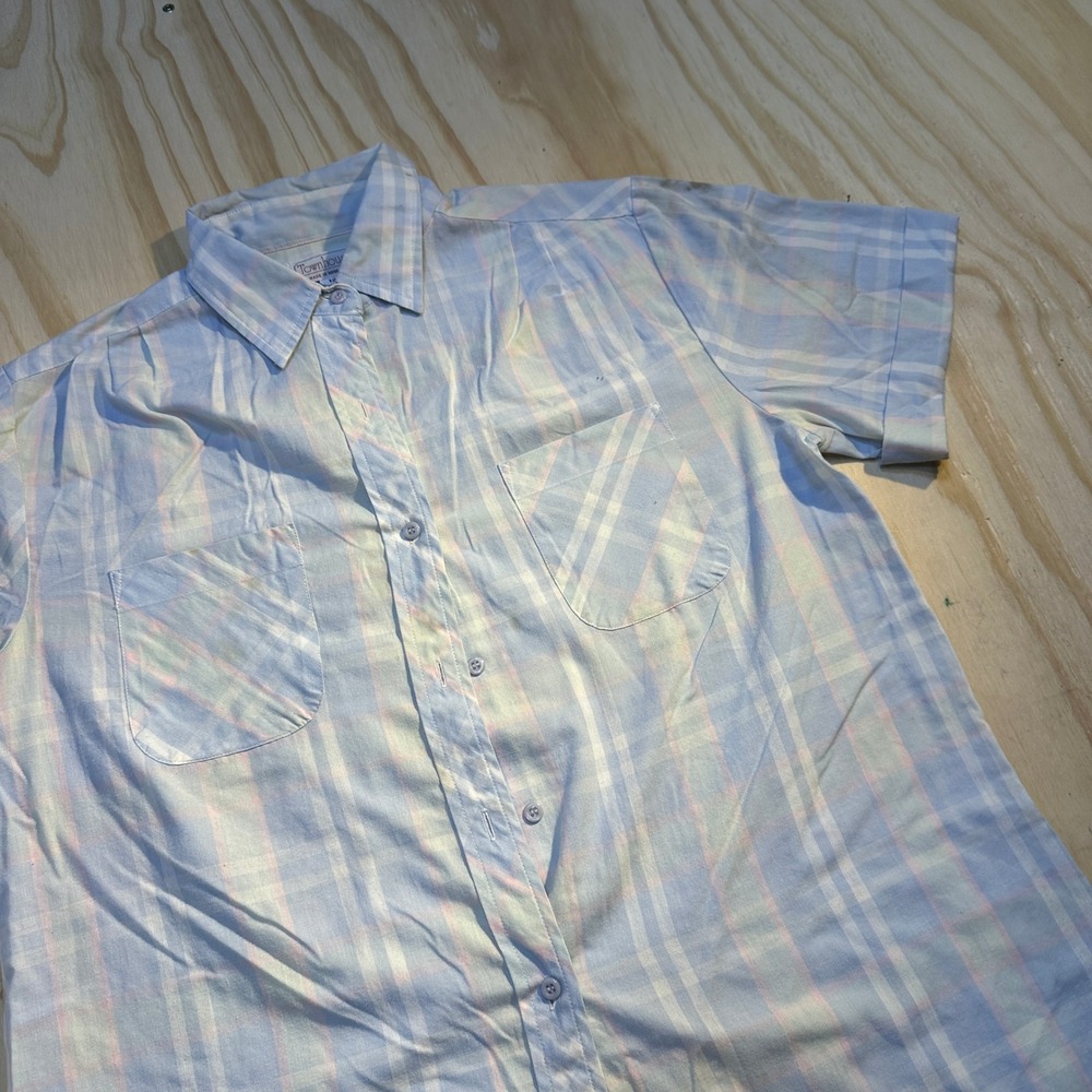 Townhouse Vintage Blue Pastel Plaid Short Sleeve Button Down Shirt Size 12